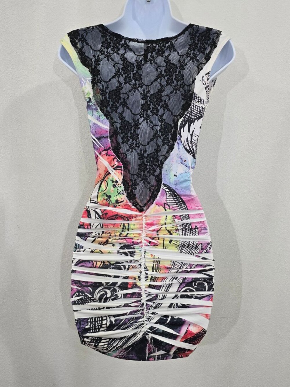 Cesarina ✦ Abstract Multicolor Cowl Neck Dress ✦ Lace Back Ruched Sides S - Picture 3 of 13